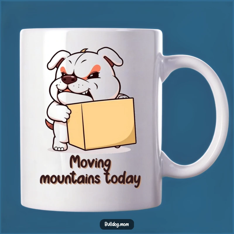 Funny Moving Bulldog Mug Gift: Determined pup pushing a box, perfect for movers, a hilarious funny gift.