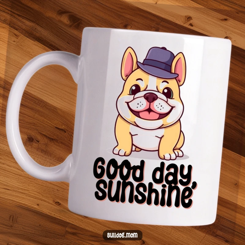 Funny mug featuring a smiling bulldog tipping its hat, exuding charm and a playful, gentlemanly demeanor.