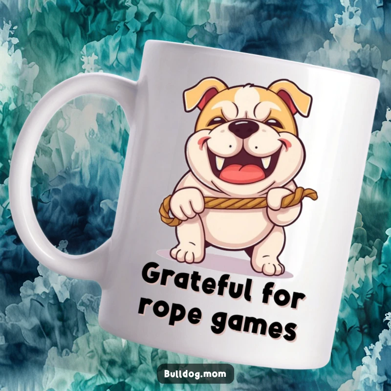 Funny Kawaii Bulldog mug with a happy grunt, playing tug-of-war with a rope, showing playful strength and determination.