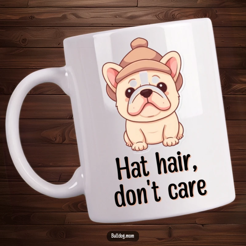 Funny Bulldog pup mug featuring a fluffy puppy peeking out adorably from under a comically small hat, full of personality.
