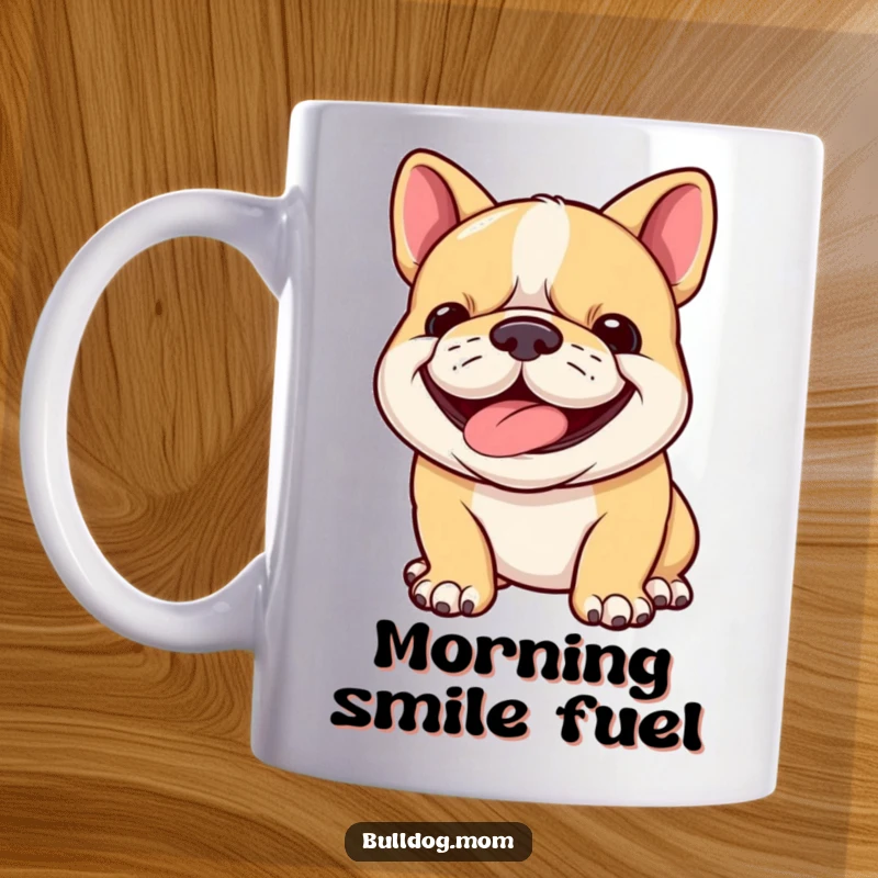 Funny bulldog cub mug showcasing a happy puppy panting with a wide, determined grin, radiating pure joy and playful energy.