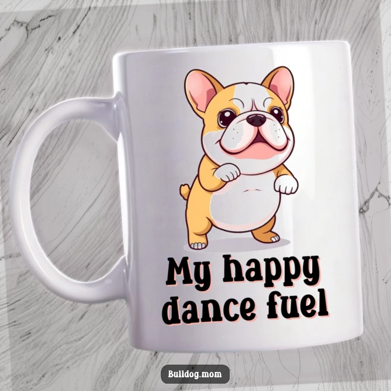Funny Mug featuring a Kawaii bulldog joyfully doing a wiggly dance, its short tail wagging uncontrollably with pure happiness.