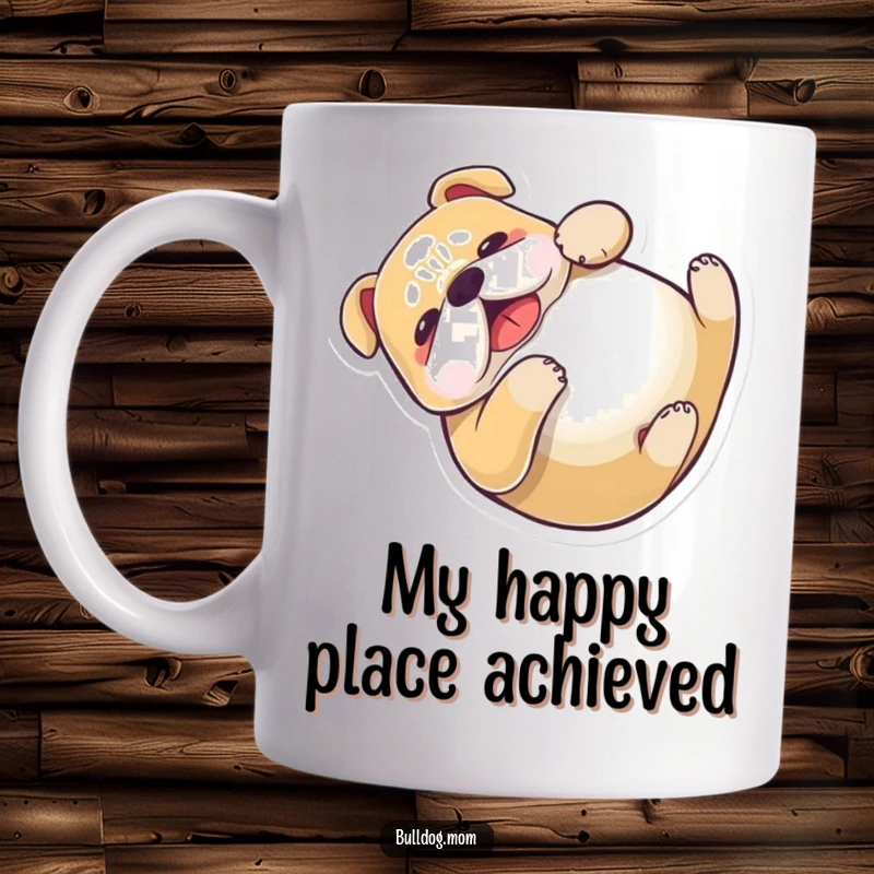 Funny Kawaii Bulldog Mug showcasing a cute dog rolling on its back with pure joy, a delightful and humorous gift.