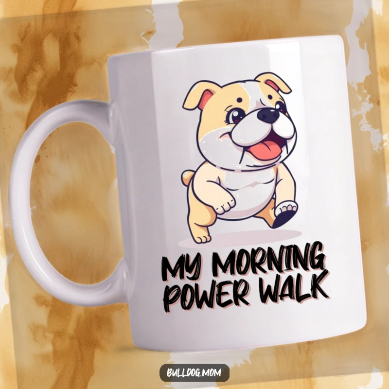 Funny kawaii Bulldog mug showcasing a determined, energetic stride, perfect for a funny gift. Features adorable pup on the move.