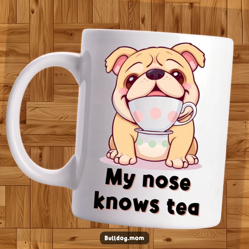 Funny mug featuring a happy bulldog elegantly balancing a teacup on its nose, a picture of refined comedy.