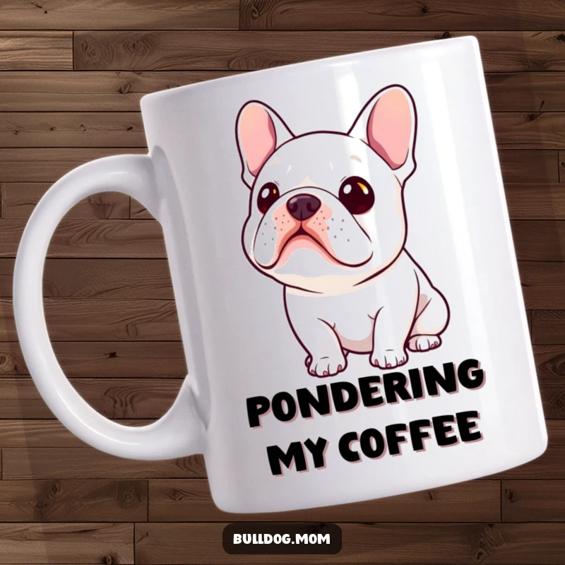 Funny Kawaii Bulldog Mug featuring a cute bulldog tilting its head with an expression of pure curiosity.