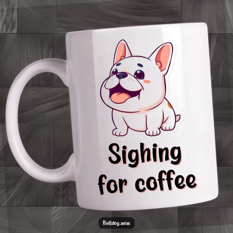 Funny Content Bulldog Mug: A happy bulldog looks upwards with a contented sigh, radiating peace and satisfaction.