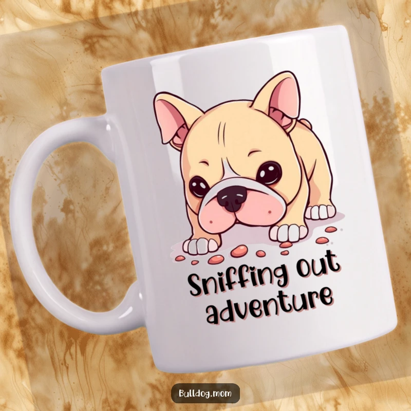 Funny Mug featuring a Kawaii bulldog curiously sniffing the ground, its nose twitching with intrigue and humorous focus.