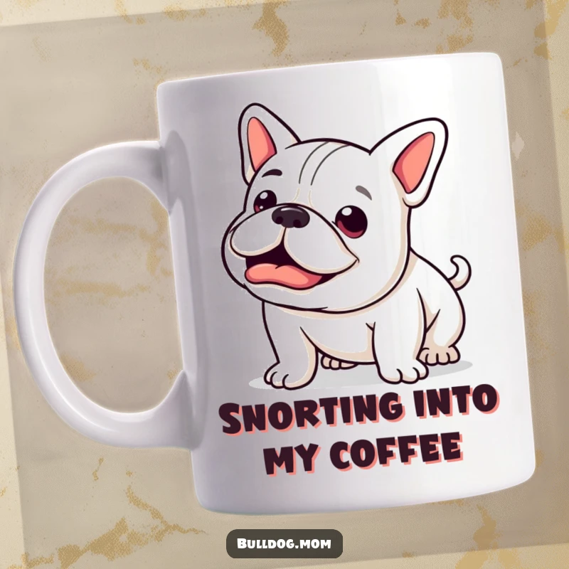 Funny Kawaii Bulldog Mug: A cute bulldog in mid-happy snort, its stubby tail wagging with pure, infectious excitement.