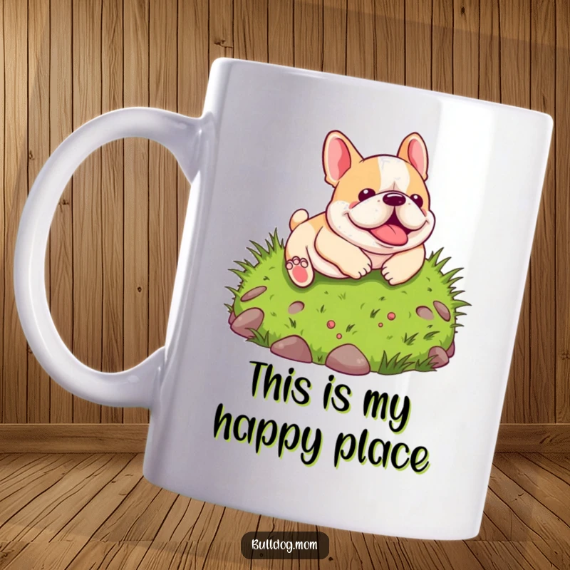 Funny Kawaii Bulldog Mug: A happy, cartoon bulldog gleefully rolls down a vibrant, sunlit grassy hill, embodying pure, unadulterated fun.