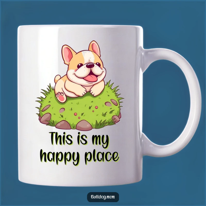 Funny Kawaii Bulldog Mug Gift: Adorable pup rolling hilariously down a green hill, pure joy captured.