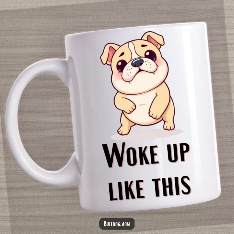 Funny Kawaii Bulldog Shuffle Mug: Adorable bulldog doing a comical little dance, radiating pure joy and silliness, a perfect gift.