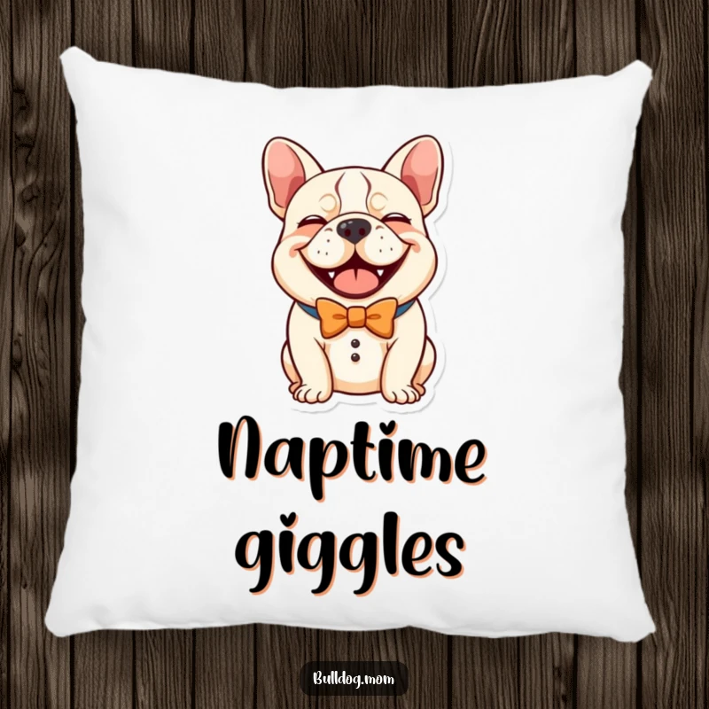 Funny Kawaii Bulldog Pillow, a cute dog in a comical bow tie giving a hearty laugh, a soft and humorous dog accent.