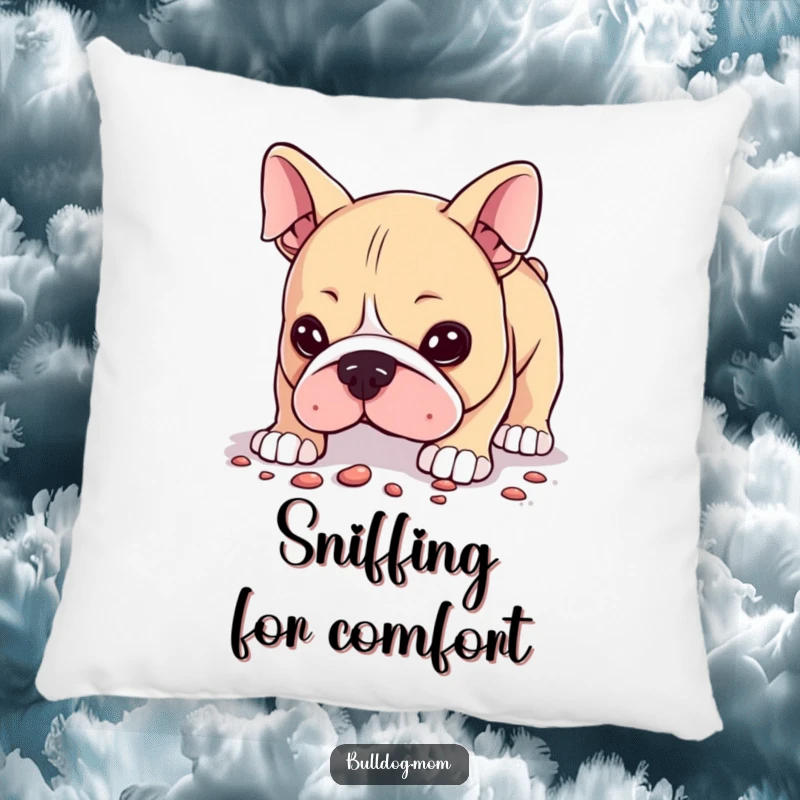 Funny Pillow designed with a Kawaii bulldog humorously sniffing the ground, its curious expression making it perfect for cozying up.