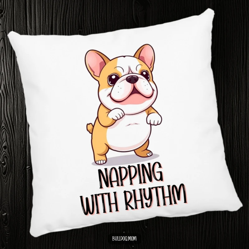 Funny Pillow decorated with a Kawaii bulldog caught in a hilarious wiggly dance, its tail wagging, offering both comfort and amusement.
