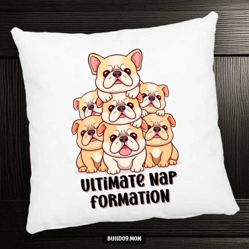 Funny Kawaii bulldog pillow with a stack of cute dogs piled contentedly, offering comfort and a humorous touch.