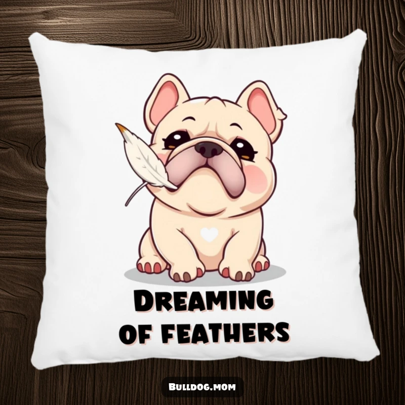 Funny Kawaii Bulldog pillow with a playful snort, attempting to catch a floating feather, offering comfort and playful humor.