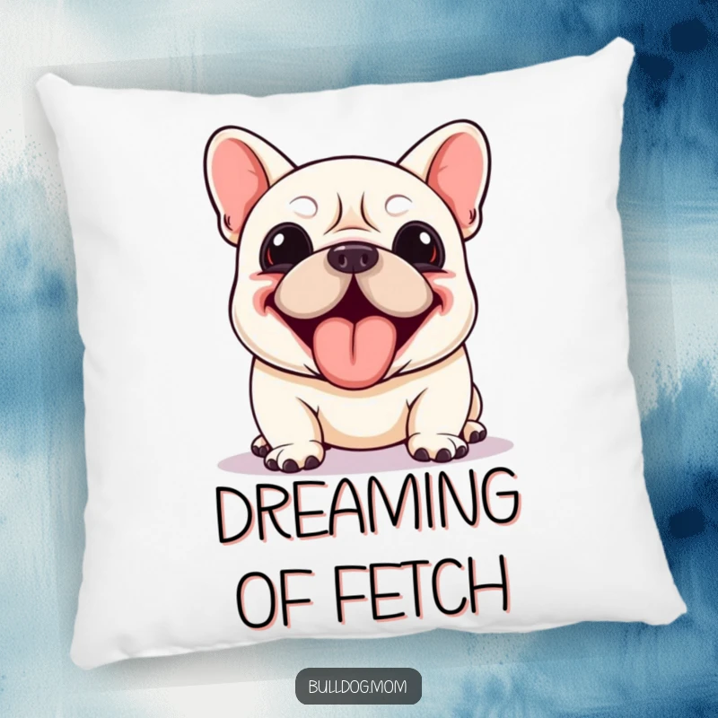Funny Kawaii Bulldog pillow featuring a dog panting enthusiastically with its tongue lolling out, offering cozy comfort and humor.
