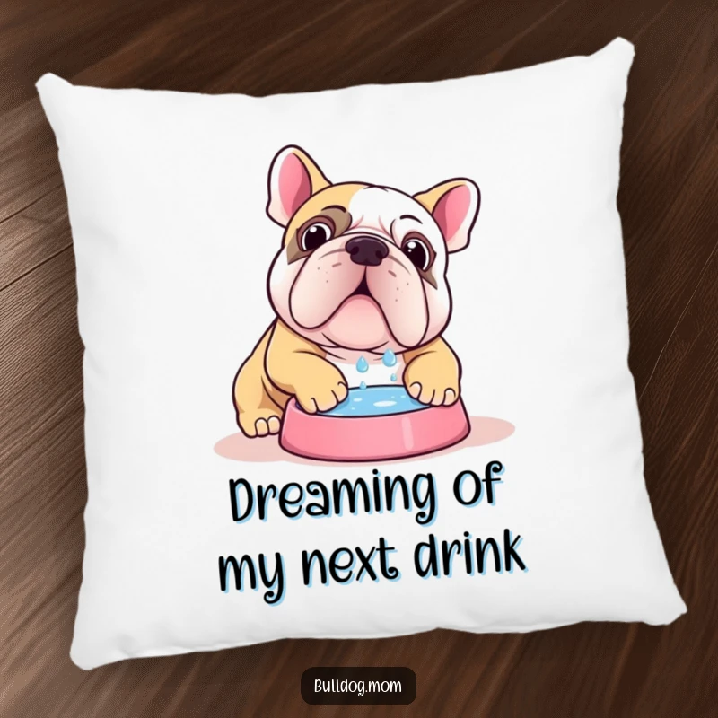 Funny Kawaii bulldog pillow with a cute dog enthusiastically chugging water, offering comfort and a humorous touch.