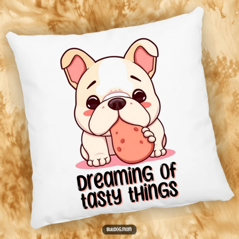 Funny Kawaii Bulldog Pillow showing a dog nudging a treat, perfect for adding humorous and comforting accents.