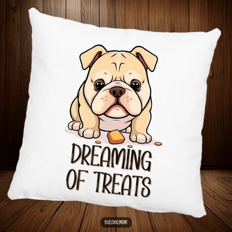 Funny pillow featuring a bulldog with an intense stare fixed on a dropped treat, offering comfort with a humorous message.