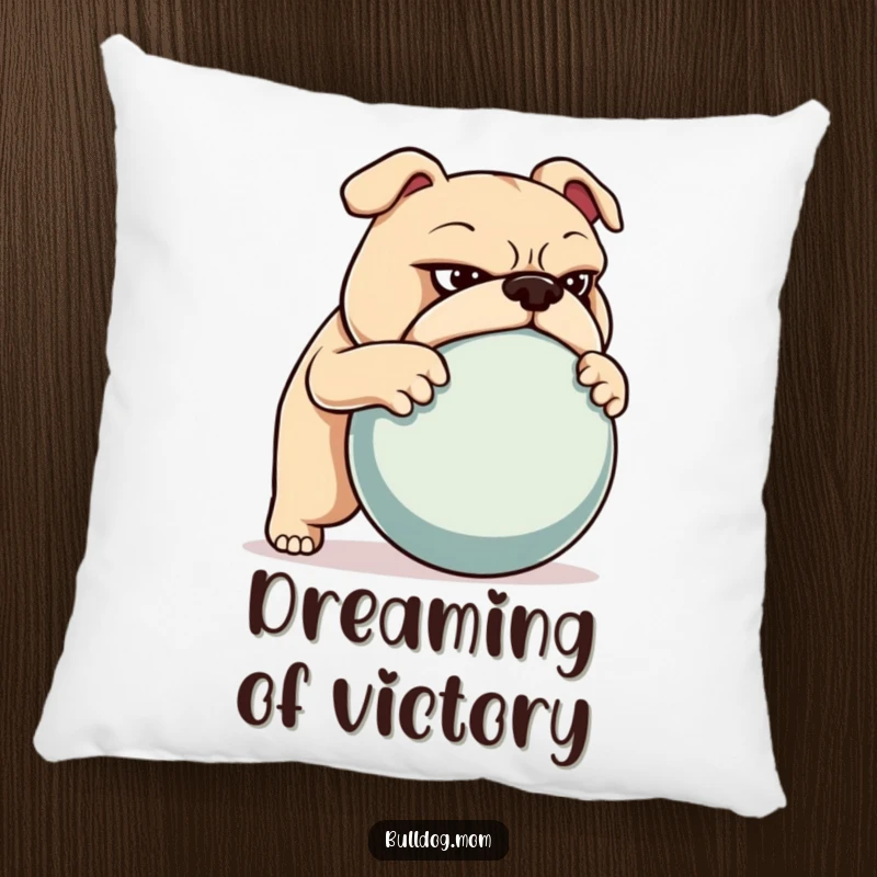 Funny pillow featuring a determined bulldog pushing a large ball, offering comfort with a humorous, motivational message.
