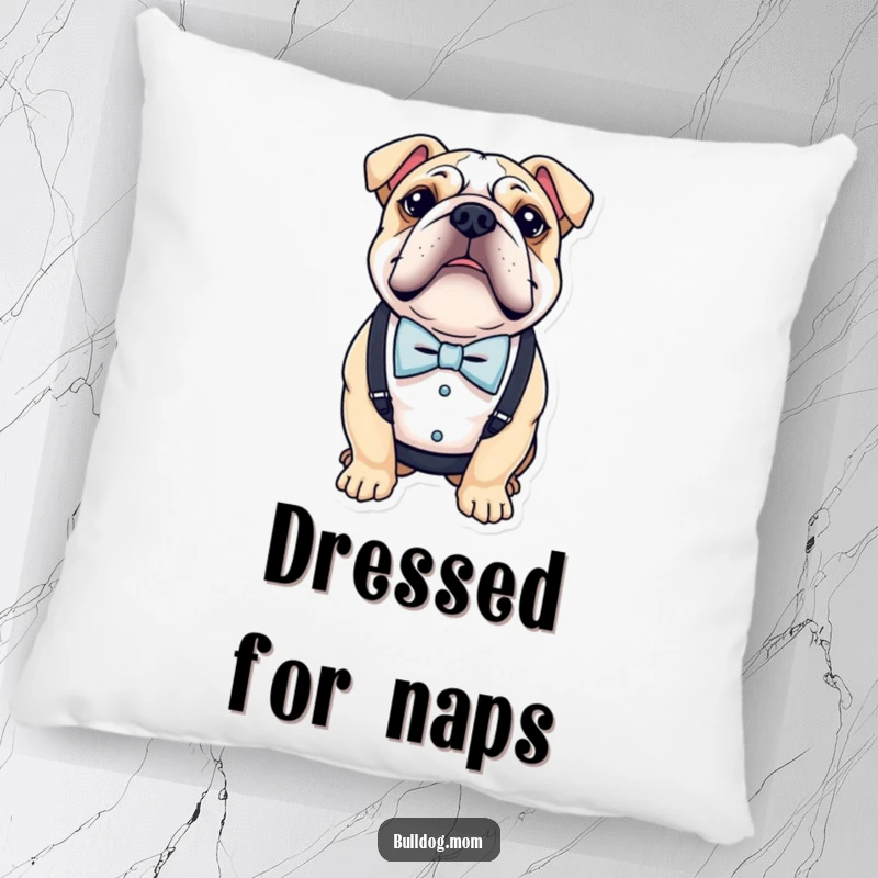 Funny pillow featuring a bulldog in a tiny bow tie and suspenders, offering comfort with a touch of refined humor.