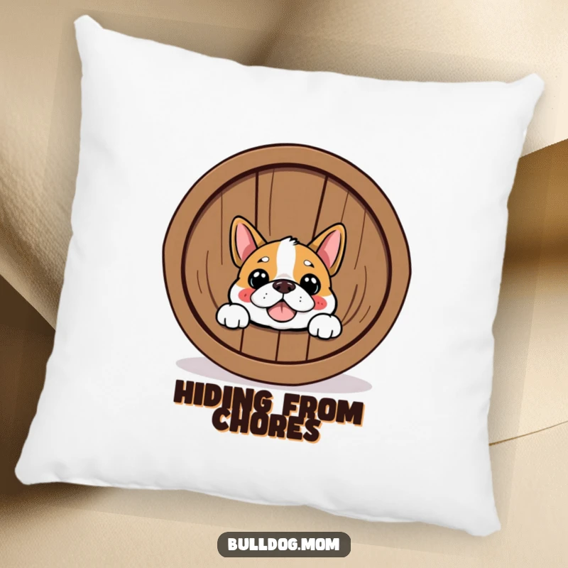 Funny Bulldog pillow with a happy dog peeking from behind a barrel. Great for cozy humor and a funny gift.