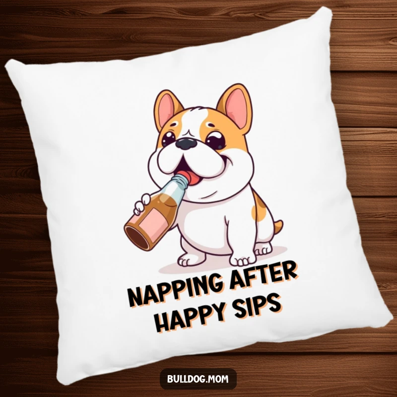 Funny Bulldog chug pillow showcasing a happy Bulldog character happily chugging from a tiny bottle, perfect for relaxing and smiling.