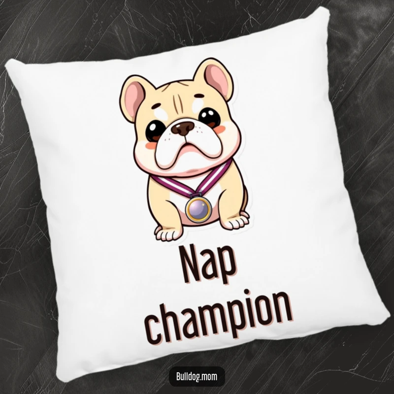 Funny pillow featuring a smiling bulldog holding a medal, offering comfort and a touch of humorous pride.