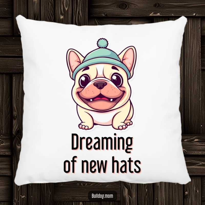 Funny Kawaii Bulldog Pillow featuring a dog with a wide grin and hat, perfect for adding humorous and cute accents.