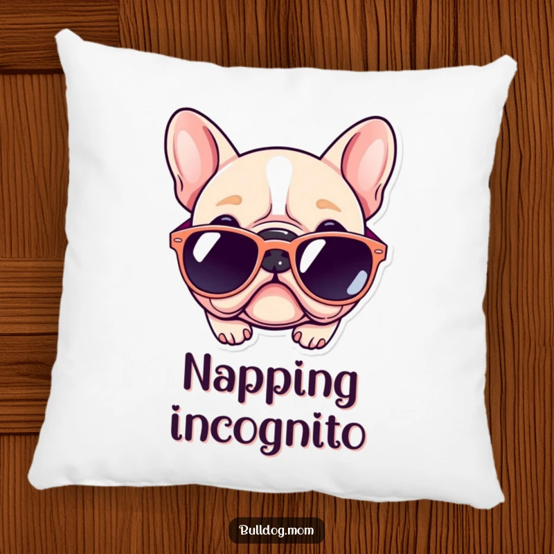 Funny Kawaii Bulldog Pillow: Plush cushion with a cute dog wearing oversized sunglasses, ideal funny home decor gift.