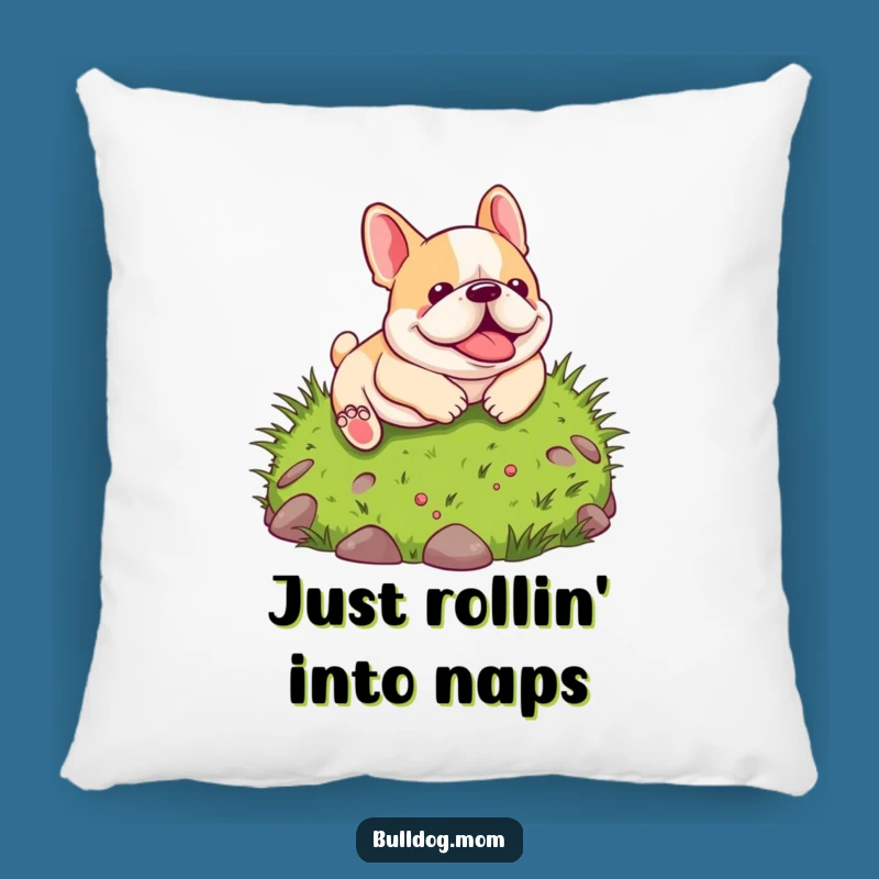 Funny Kawaii Bulldog Pillow: Soft, plush pillow with a pup hilariously rolling down a hill, the perfect funny gift for comfort.