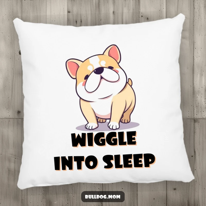 Funny Kawaii Bulldog doing a happy wiggle with stubby legs, a soft and humorous throw pillow.
