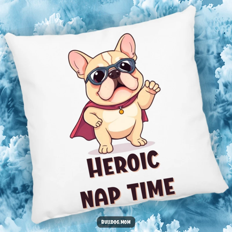 Funny Kawaii Bulldog pillow wearing a tiny superhero cape, striking a funny pose, offering comfort and heroic charm.