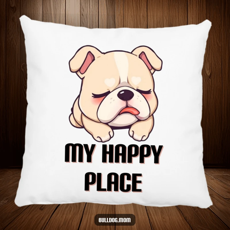 Funny Pillow designed with a sleepy Kawaii bulldog, tongue peeking out, offering humorous comfort and adorable charm for relaxation.