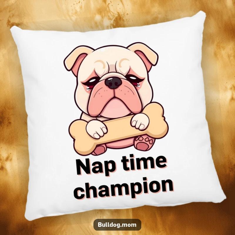 Funny Kawaii Bulldog pillow with droopy eyes, blissfully cuddling a plush bone, providing comfort and adorable humor.