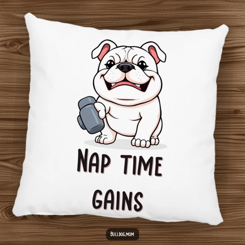 Funny Kawaii Bulldog Pillow, a strong dog with a determined grin carrying a tiny dumbbell, a cozy and motivational dog accent.