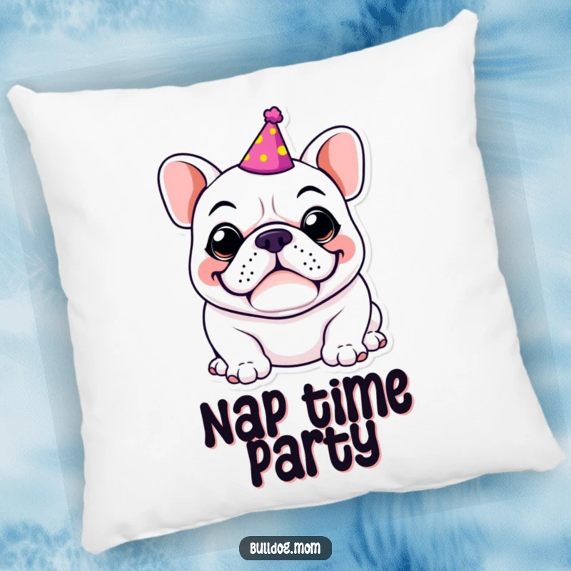 Funny Kawaii Bulldog pillow, soft and squishy, wearing a tiny party hat and sporting a massive, goofy grin, embodying holiday cheer and humor.