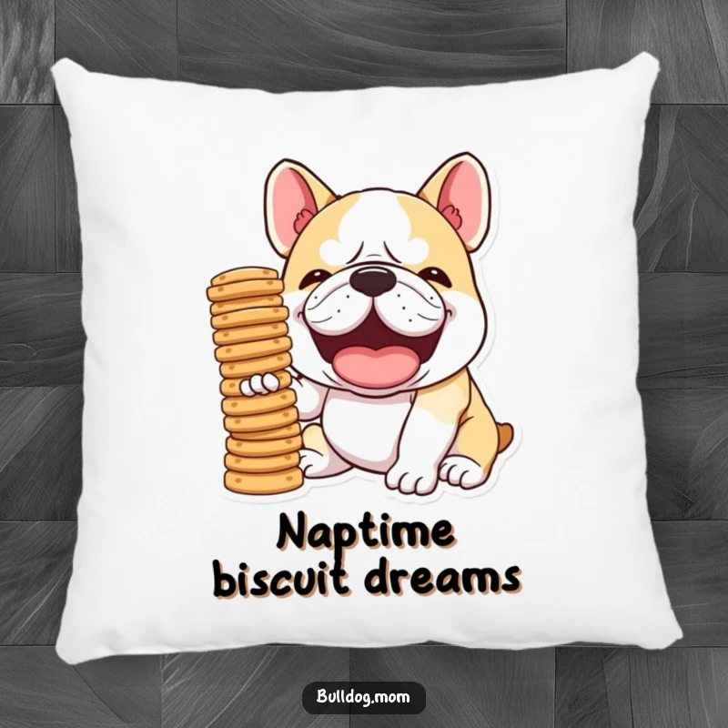 Funny Kawaii Bulldog pillow, soft and huggable, depicting a dog in a snorting laugh, balancing a stack of biscuits, a funny and comforting addition.