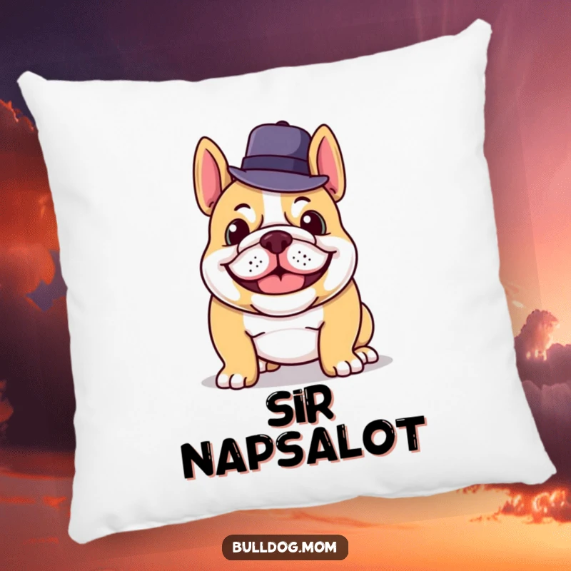 Funny pillow featuring a grinning bulldog tipping its hat, offering comfort with a side of sophisticated humor.
