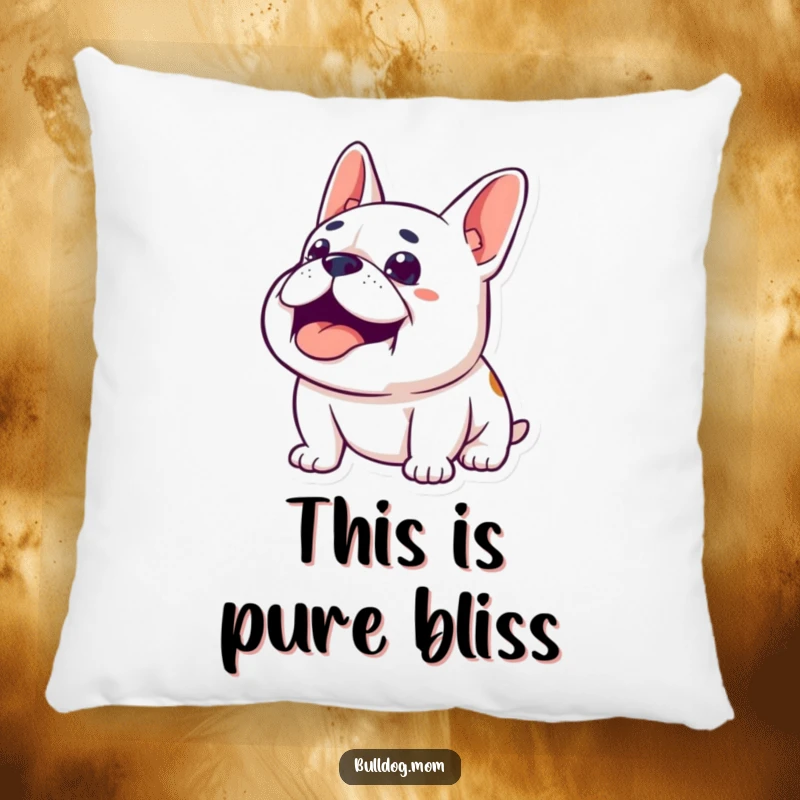 Funny Content Bulldog Pillow: A soft cushion featuring a happy bulldog looking upwards with a contented sigh, perfect for relaxation.