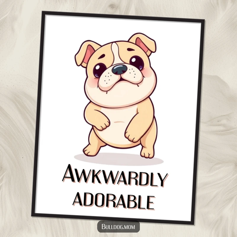 Funny Kawaii Bulldog Shuffle Art Print: Hilarious illustration of a bulldog doing a funny dance, ideal for instant joyful wall decor.