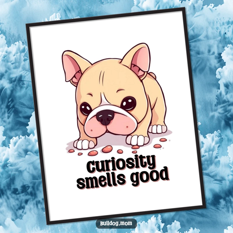 Funny Digital Art Print of a Kawaii bulldog humorously sniffing the ground, its curious expression perfect for adding instant charm.