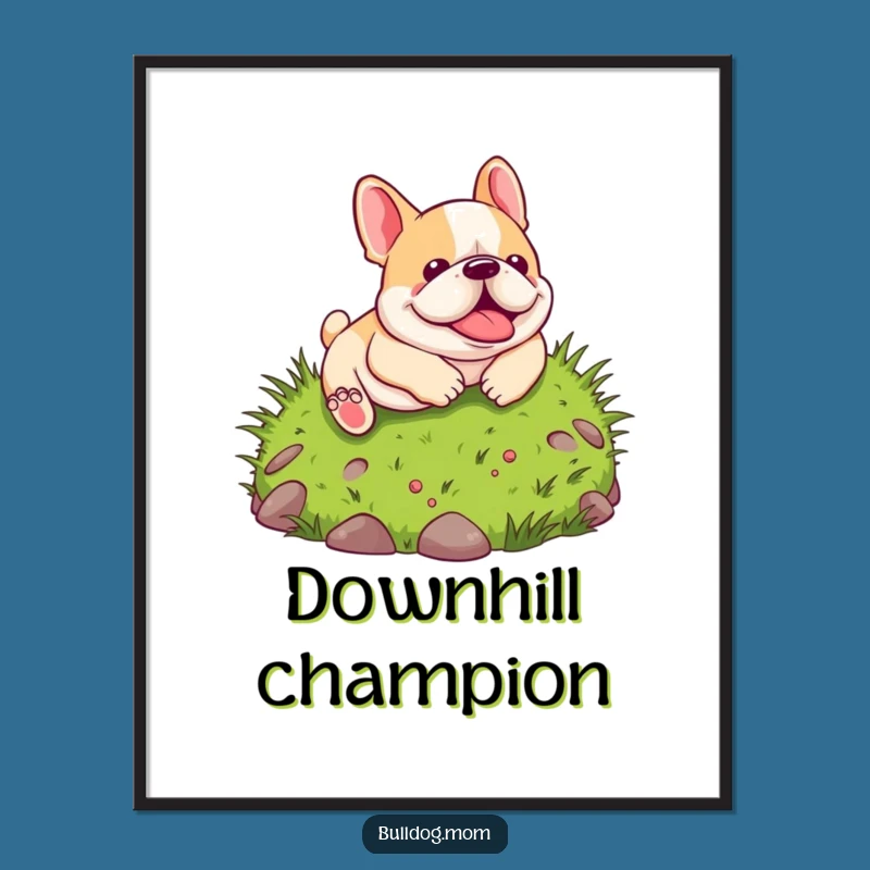 Funny Kawaii Bulldog Digital Art: High-res print of a pup hilariously rolling down a hill, instant download, perfect funny gift.