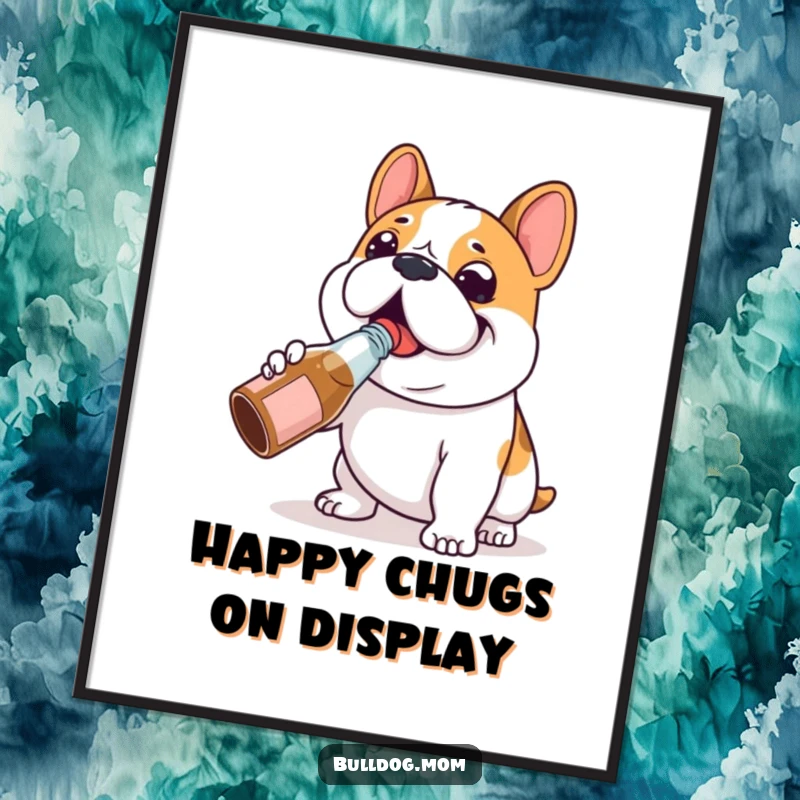 Funny Bulldog chug digital art print of a happy Bulldog character happily chugging from a tiny bottle, embodying pure, infectious joy.