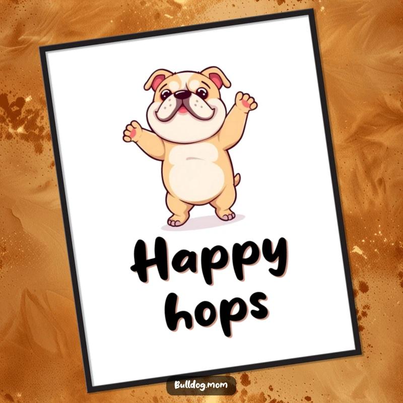 Funny digital art print of a bulldog performing a goofy, happy dance, capturing a moment of pure, unadulterated joy.