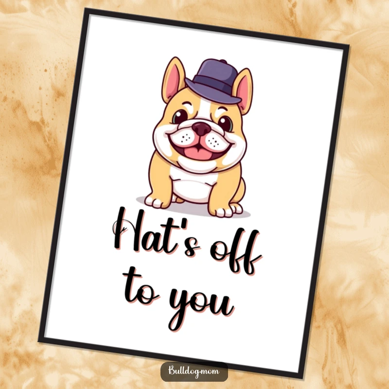 Funny digital art print of a grinning bulldog tipping its hat, conveying charm and sophisticated humor.