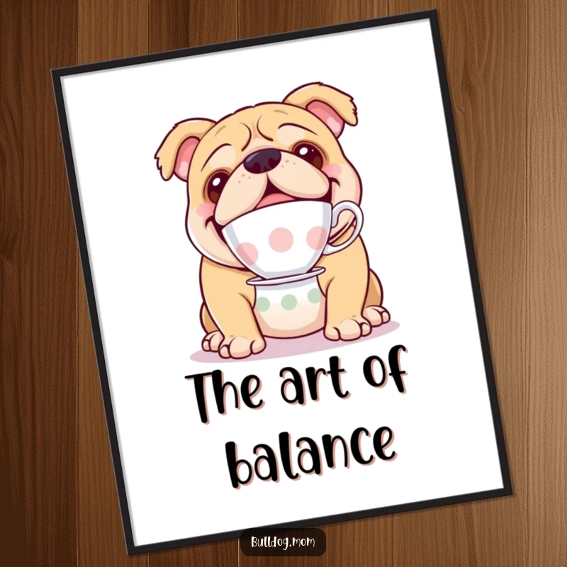 Funny digital art print of a happy bulldog balancing a teacup on its nose, adding elegant humor to decor.