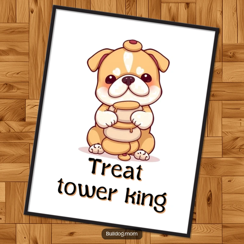 Funny bulldog cub digital art print showing a determined puppy balancing a stack of small treats, radiating playful energy and humor for instant download.